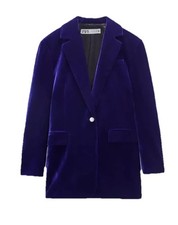 Zara Blue Velvet Blazer Size M Relaxed Fit Statement Rhinestone Buttons Ink Blue