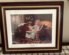 Framed Charles Burton Barber Print "The Rivals" 1845-1894 Featuring Girl Dog Cat