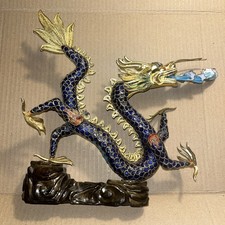 Chinese Dragon Statue Vintage Cloisonne Gold Gilt Blue Enamel on stand Beautiful