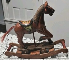 Vintage Hand Carved Wooden Carousel Rocking Horse on Wheels Folk Art Hair Tail