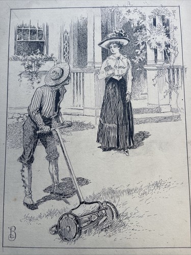 Antique drawing lawn mower - mower, boy