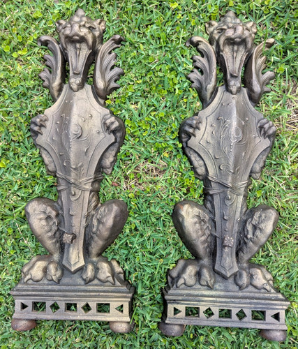 Cast iron griffin andirons - griffin,