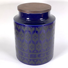 Hornsea Pottery Heirloom Blue Biscuit Jar Canister 20 cm Large Ceramic Wood Lid