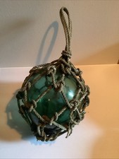 Vintage Japanese Hand Blown Green Glass Netted Fishing Float