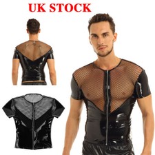 UK Men's Shiny PVC Leather Fishnet Splice T-Shirt Short Sleeve Zipper Front Top