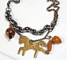 MAWI LONDON MIXED METALS BRASS HORSE WOOD BEADS DOUBLE CHAIN NECKLACE