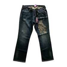 Y2K Ed Hardy Christian Audigier Rhinestones Tiger Blue Distressed Jeans Sz 20×34