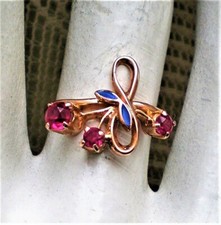 Vintage Russian Russia 14K 583 Rose Pink Gold Ruby Cluster Enamel Flower Ring 