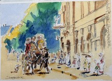 Original Watercolour Painting Signed. Coach and Horses arrive at the Hotel.