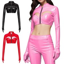 Women Metallic Glossy Crop Top Chest Hollow-Out Front Zipper for Night Clubwear