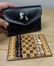 Vintage Travel Chess Set Black Leather Wallet Wood Board Plastic Pieces England