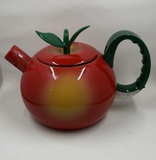 Vintage Red Apple Tea Pot Kettle Enamel Metal