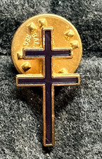 TWO BAR PATRIARCHAL CROSS ARCHIEPISCOPAL CROSS BLUE ENAMEL GOLD TONE PIN BADGE