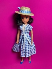 Vintage Pedigree brunette Sindy straw hat blue gingham dress peep toe shoes doll