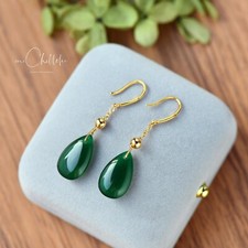 Synthesis Green Jade Droplet Hook Earrings, Dangling Teardrop Jade Earrings