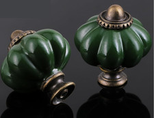 2 Vintage-Brass 1 3/8" Green Ceramic Glass Drawer Pulls Cabinet Knobs w/hardware