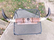 VTG Original Steer Bull Long Horns Leather Wall Mount Western Art Man Cave Decor