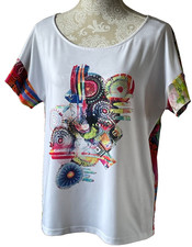 PAUSE CAFE  Short Sleeved White/ Multicolour ~ Stretch Top- 44 (16/18)