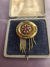 Antique Victorian Etruscan Revival Gold colour Brooch Red Paste Stones 4 1/2cm
