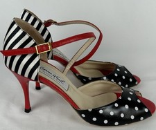 Comme il Faut Argentine Tango Heels Sz 38 US 8 Red Black White Polka Dots Stripe