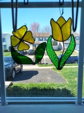 Set of 2 Yellow Primrose & Yellow Tulip Sun Catcher Stained Glass Window READ