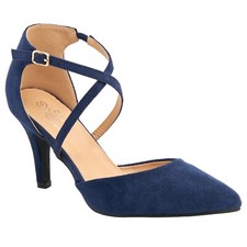 LADIES SUEDE MID HEEL POINTED TOE STRAPPY CROSS STRAP EVENING PARTY COURT SHOES 