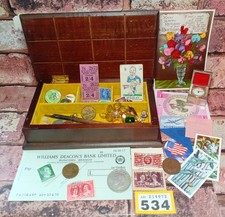 Vintage Jewellery Box Curio Job Lot Coins, ephemera Collectables Bundle Etc Y534
