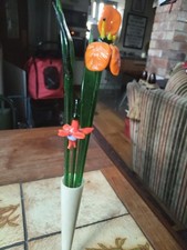 Vintage Set Hand Blown Glass FLOWER Cocktail Stirrers Swizzle Sticks+ Vase Read 