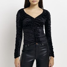 River Island Womens Ruched Top Black Velvet Long Sleeve Studded V-Neck Blouse