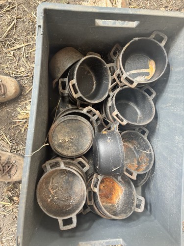 Box full cast iron pots - cast,