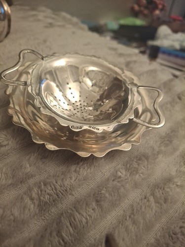 Silver tea strainer - and, tray