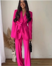 Zara NEW PINK BELTED Shawl Lapel Blazer & Flowing  Trousers Co Ord Suit Size XS
