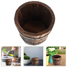 Wooden Round Barrel Planter Flower Pot Brown Flat Mouth Home Office Garden Decor