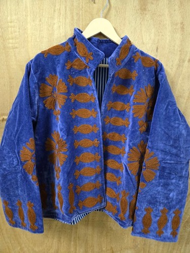 Blue velvet embroidered jacket - embroidered,