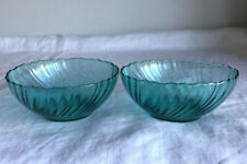 PAIR Of French Ribbed Green Glass Salad Soup Cereal Ice Cream Bowls.