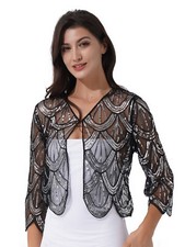 Women Shiny Sequins Bolero Shrug 1920s Flapper Evening Party Wedding Cardigan