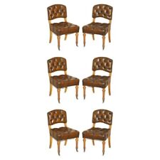 SIX ANTIQUE REGENCY 1820 BROWN LEATHER POLLARD OAK CHESTERFIELD DINING CHAIRS