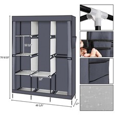 LARGE FABRIC CANVAS WARDROBE WITH HANGING RAIL SHELVING CLOTHES STORAGE CUPBOARD