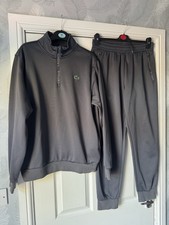 Lacoste Grey Poly Fleece Tape 1/4 Zip Sweatshirt Jumper And Joggers Tracksuit