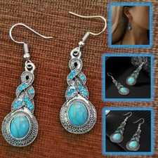 Charming Retro Blue Stone Tibetan Inlaid Turquoise Crystal Dangle Drop Earrings