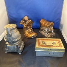 Banthrico Bank Bundle Potbellied Stove, Covered Wagon, Old Lady In Shoe And Box