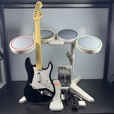 Nintendo Wii Rock Band Bundle Set W Wireless Guitar, Dongle, Drums Game, Mic Lot