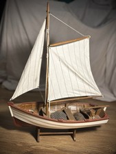 Vintage Model Wooden Sail Boat Fishing Boat two oars moving wedge. 41cm / 16”