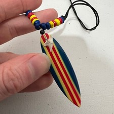 Shark Tooth Surfboard Pendant Necklace Blue Red Yellow Wood Beads Cord Chain
