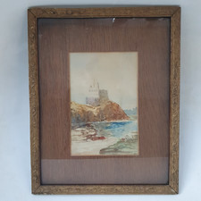 Antique Watercolour Painting Castle Architecture Seascape Oak Frame 42x34cm