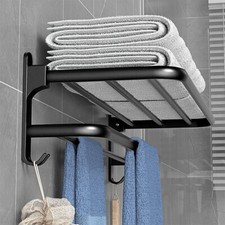 Double Towel Rack Wall Mounted Bathroom Aluminum Bar Tray with Rail Shelf Hook