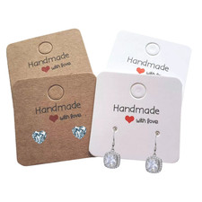 Jewellery Display Cards Earring Holder 4x4cm “Handmade With Love” White/Brown