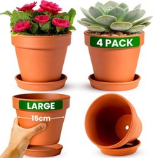 4x Terracotta Plant Pots with Saucers, Drainage Holes for Indoor & Outdoor 15cm