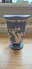Wedgwood 5½" / 14cm Blue Jasperware Pedestal Vase, Neoclassical Decoration, 1969