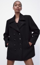 Zara Smart Manteco Wool Blend Coat - Black Studded Details - Size XS (Oversize) 